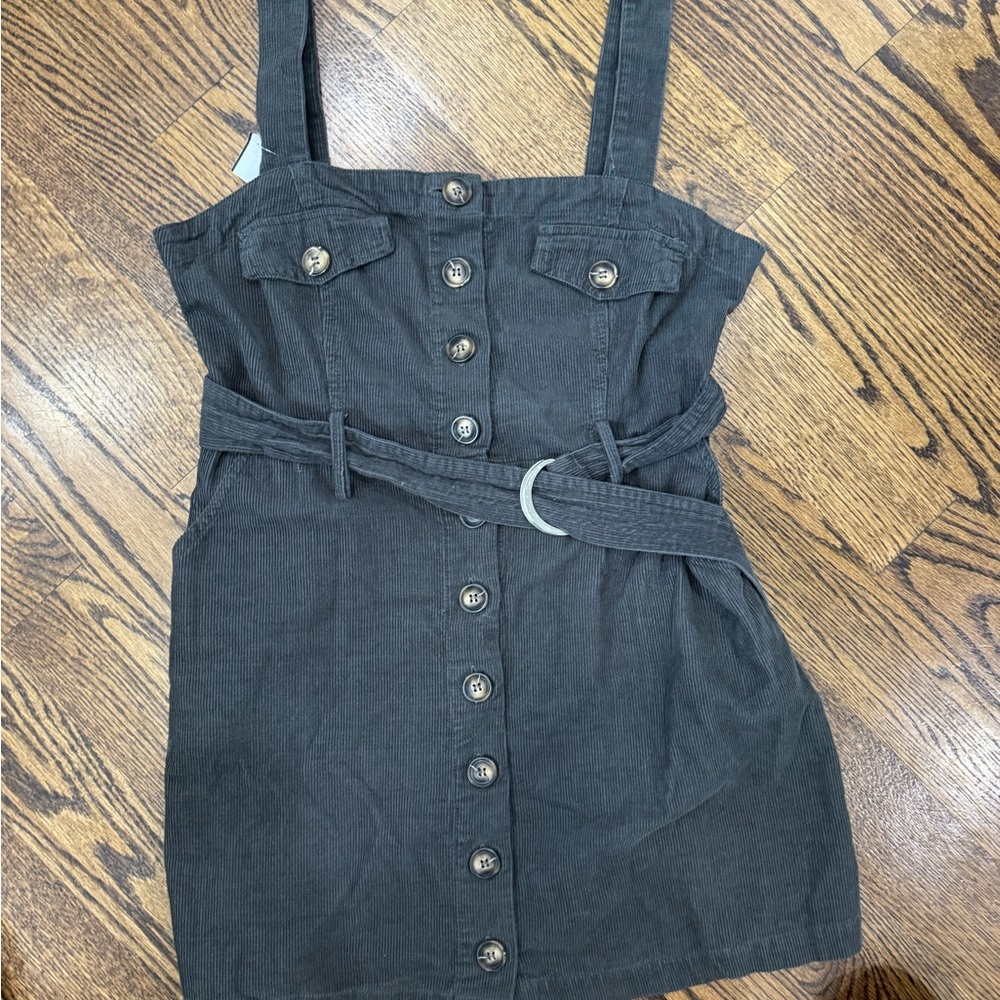 Charlotte Russe Dress Women Large Gray Mini Short Button Front Belted Corduroy